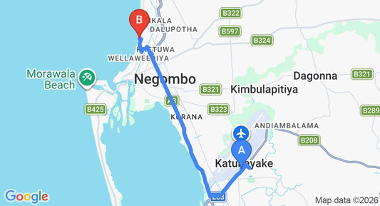 Driving route map: Colombo Airport (CMB) to Regal RÃ©seau Hotel & Spa, Negombo (12 km, approx 29 min private transfer)
