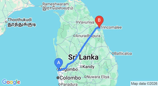 Driving route map: Colombo Airport (CMB) to Dutch Bay Beach Cottages, Trincomalee (239 km, approx 4 h 52 min private transfer)