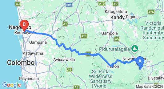 Driving route map: Ambewela to Colombo Airport (CMB) (173 km, approx 5 h 25 min private transfer)
