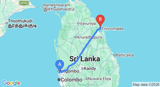 Driving route map: Colombo Airport (CMB) to Pearl Oceanic Resort, Trincomalee (242 km, approx 4 h 58 min private transfer)