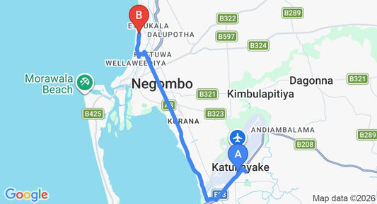 Driving route map: Colombo Airport (CMB) to Blue Elephant Guest House, Negombo (13 km, approx 29 min private transfer)