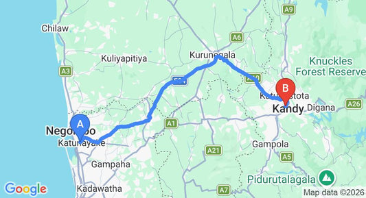 Driving route map: Colombo Airport (CMB) to Villa Rosa, Kandy (113 km, approx 2 h 48 min private transfer)