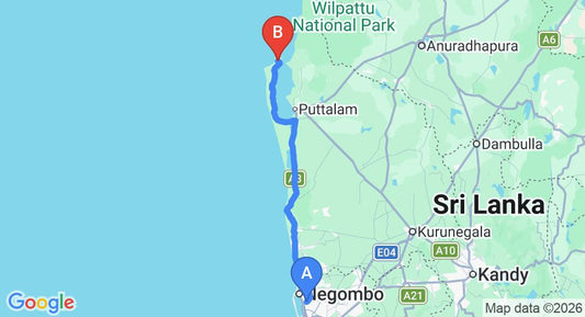 Driving route map: Colombo Airport (CMB) to Kitelantis Hotel and Resort, Kalpitiya (141 km, approx 3 h 21 min private transfer)