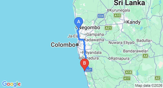 Driving route map: Colombo Airport (CMB) to MICHS Beach Villa - Maggona, Beruwala (96 km, approx 1 h 35 min private transfer)