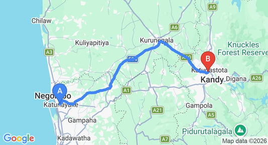 Driving route map: Colombo Airport (CMB) to The Kandyan Manor, Kandy (108 km, approx 2 h 34 min private transfer)