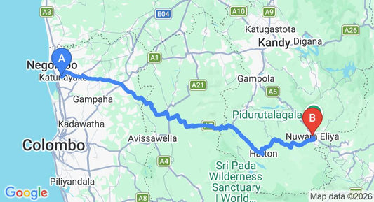 Driving route map: Colombo Airport (CMB) to Heritage Pussellawa, Nuwara Eliya (152 km, approx 4 h 41 min private transfer)