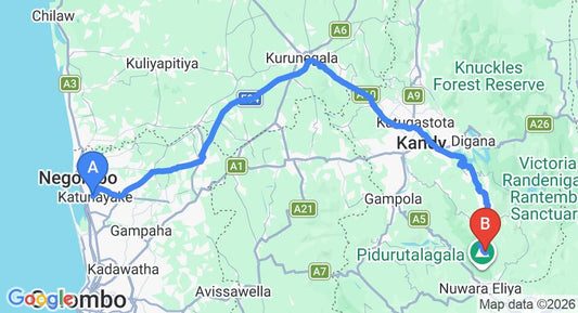 Driving route map: Colombo Airport (CMB) to Mandaramnuwara (169 km, approx 4 h 42 min private transfer)