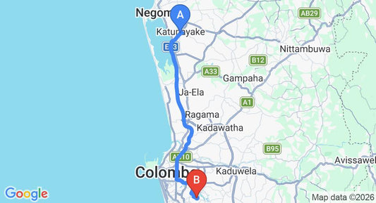 Driving route map: Colombo Airport (CMB) to Villa Escondite, Kotte (40 km, approx 56 min private transfer)