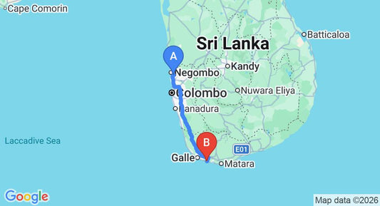 Driving route map: Colombo Airport (CMB) to Kathaluwa Villa, Unawatuna (164 km, approx 2 h 18 min private transfer)
