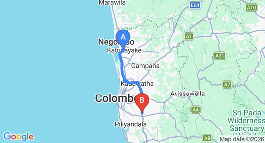 Driving route map: Colombo Airport (CMB) to Rukmale (47 km, approx 43 min private transfer)
