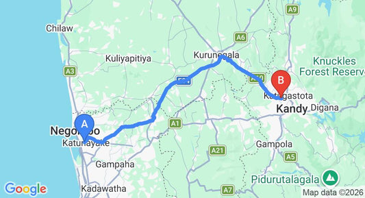 Driving route map: Colombo Airport (CMB) to Manor House, Kandy (105 km, approx 2 h 29 min private transfer)