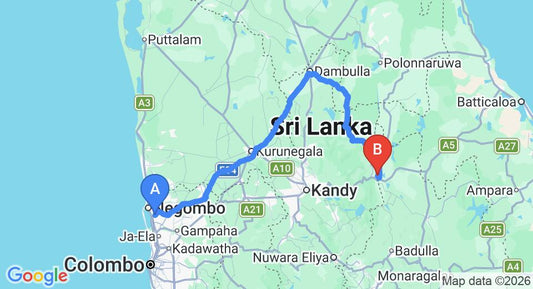 Driving route map: Colombo Airport (CMB) to Sorabora Gedera, Mahiyanganaya (219 km, approx 4 h 36 min private transfer)