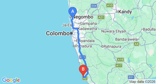 Driving route map: Colombo Airport (CMB) to Reef Garden, Hikkaduwa (135 km, approx 2 h 7 min private transfer)