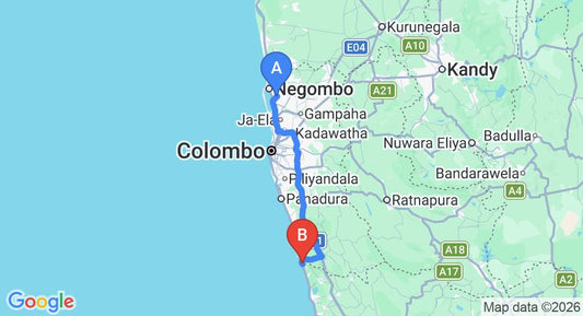 Driving route map: Colombo Airport (CMB) to Historic luxury Villa, Bentota (108 km, approx 1 h 41 min private transfer)