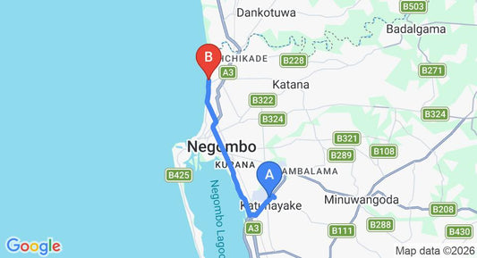 Driving route map: Colombo Airport (CMB) to The Cove Sri Lanka, Negombo (14 km, approx 34 min private transfer)
