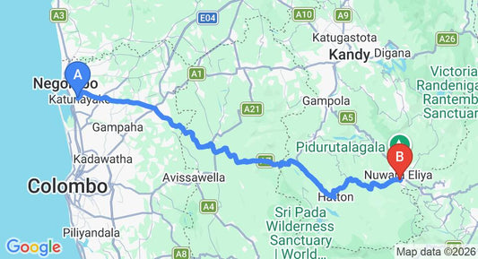 Driving route map: Colombo Airport (CMB) to The Blackpool, Nuwara eliya, Nuwara Eliya (151 km, approx 4 h 39 min private transfer)