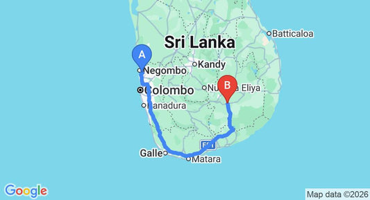 Driving route map: Colombo Airport (CMB) to Saranga Holiday Inn, Wellawaya (309 km, approx 4 h 14 min private transfer)