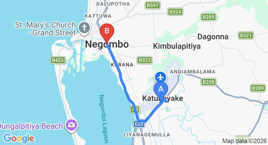 Driving route map: Colombo Airport (CMB) to THILON, Negombo (9 km, approx 20 min private transfer)