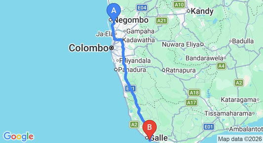 Driving route map: Colombo Airport (CMB) to Villa Cormaran, Unawatuna (153 km, approx 2 h 11 min private transfer)
