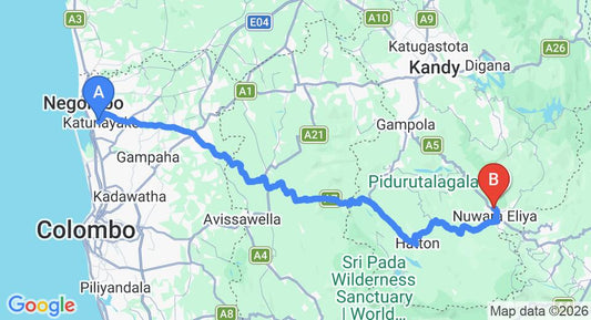 Driving route map: Colombo Airport (CMB) to The Queeensburry City Hotel, Nuwara Eliya (155 km, approx 4 h 48 min private transfer)