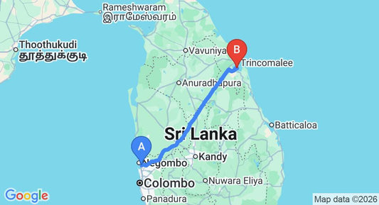 Driving route map: Colombo Airport (CMB) to Marble Beach Air Force Resort, Trincomalee (235 km, approx 4 h 58 min private transfer)