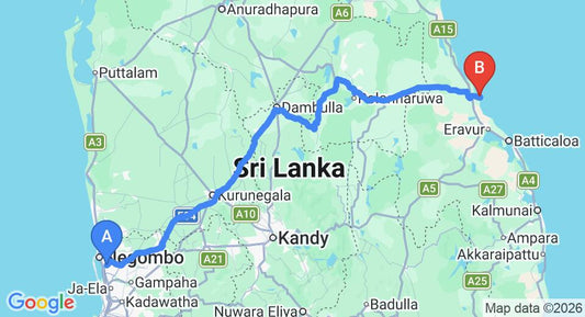 Driving route map: Colombo Airport (CMB) to New Land Guest House, Pasikuda (267 km, approx 5 h 28 min private transfer)