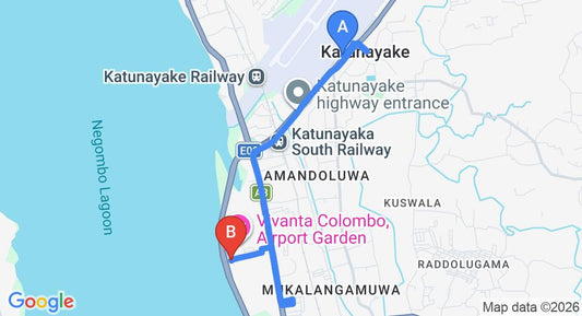 Driving route map: Colombo Airport (CMB) to Amora Lagoon, Negombo (8 km, approx 18 min private transfer)