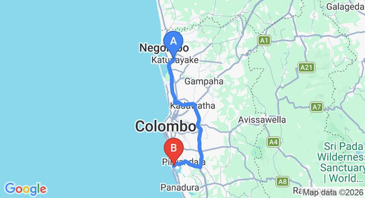 Driving route map: Colombo Airport (CMB) to Grimsby Home Stay, Moratuwa (68 km, approx 1 h 18 min private transfer)