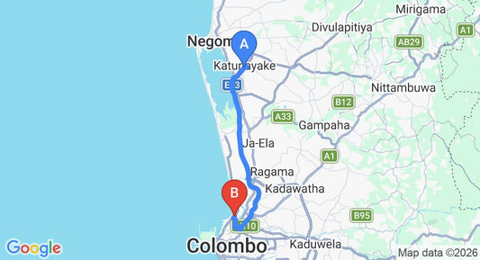 Driving route map: Colombo Airport (CMB) to Mutwal (32 km, approx 38 min private transfer)