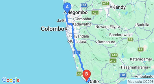 Driving route map: Colombo Airport (CMB) to Satori Luxuary Holiday Villa and Retreat, Galle (152 km, approx 2 h 11 min private transfer)