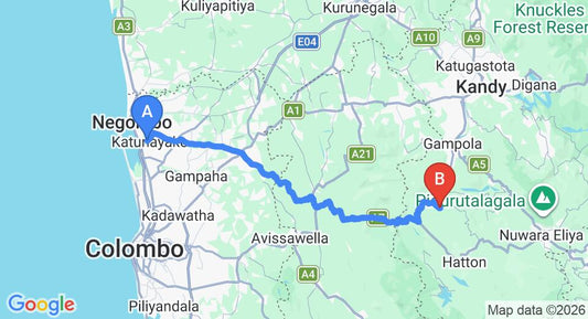 Driving route map: Colombo Airport (CMB) to Inguru oya (110 km, approx 3 h 25 min private transfer)