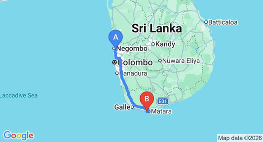 Driving route map: Colombo Airport (CMB) to Pointe Sud, Weligama (186 km, approx 2 h 36 min private transfer)