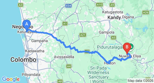 Driving route map: Colombo Airport (CMB) to Malin Oliphant View Inn, Nuwara Eliya (159 km, approx 4 h 59 min private transfer)