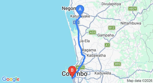 Driving route map: Colombo Airport (CMB) to Hello Travel - Sea View Cozy Place, Colombo (36 km, approx 50 min private transfer)