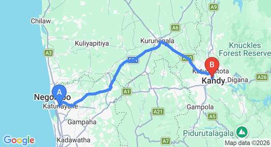 Driving route map: Colombo Airport (CMB) to St Bridget's Guest House, Kandy (112 km, approx 2 h 45 min private transfer)