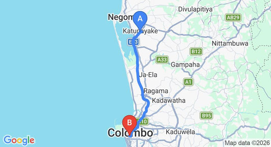 Driving route map: Colombo Airport (CMB) to CASAMIA Colombo @ On Three20, Colombo (33 km, approx 43 min private transfer)