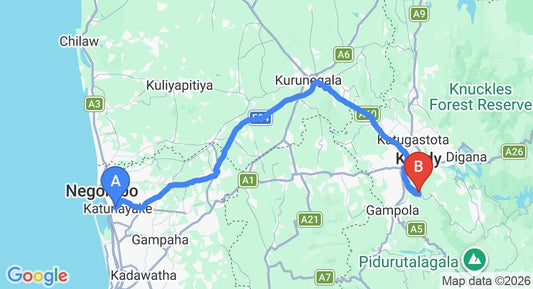 Driving route map: Colombo Airport (CMB) to Yale Kandy Park, Kandy (127 km, approx 3 h 21 min private transfer)