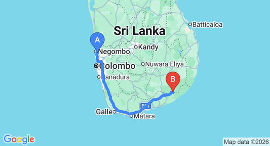 Driving route map: Colombo Airport (CMB) to Camp Leopard - Yala Safari Glamping, Yala (288 km, approx 3 h 52 min private transfer)
