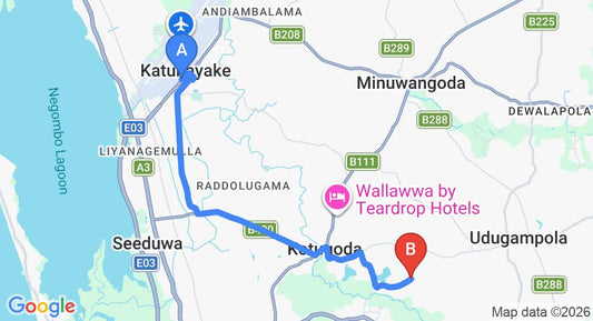 Driving route map: Colombo Airport (CMB) to Madelgamuwa (13 km, approx 29 min private transfer)