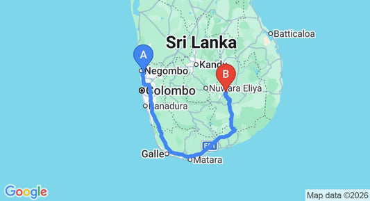 Driving route map: Colombo Airport (CMB) to Demodara (341 km, approx 5 h 8 min private transfer)