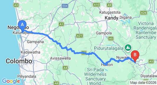 Driving route map: Colombo Airport (CMB) to Haggala (162 km, approx 4 h 59 min private transfer)