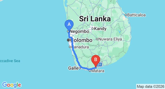 Driving route map: Colombo Airport (CMB) to Beliatta (205 km, approx 2 h 42 min private transfer)