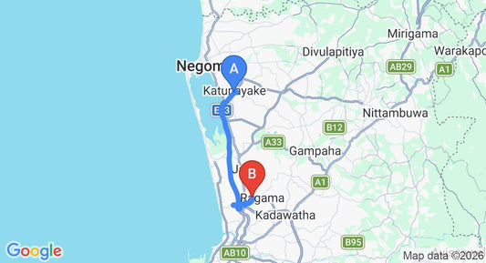 Driving route map: Colombo Airport (CMB) to Natures Bliss Holidays, Walisara (25 km, approx 33 min private transfer)