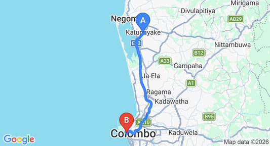 Driving route map: Colombo Airport (CMB) to Ocean Bliss, Colombo (35 km, approx 47 min private transfer)