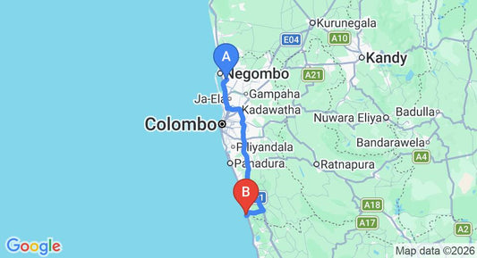 Driving route map: Colombo Airport (CMB) to Bentota Beach (107 km, approx 1 h 40 min private transfer)
