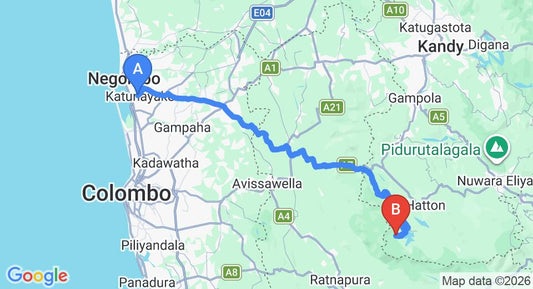 Driving route map: Colombo Airport (CMB) to Nallathanniya (131 km, approx 4 h 20 min private transfer)