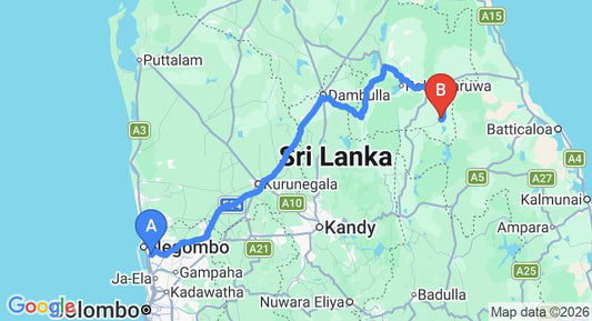 Driving route map: Colombo Airport (CMB) to Aralaganwila (231 km, approx 4 h 49 min private transfer)