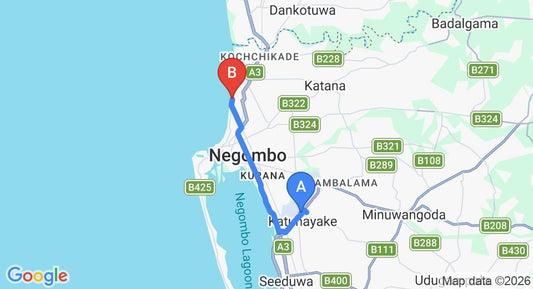 Driving route map: Colombo Airport (CMB) to Oasis Beach Resort, Negombo (13 km, approx 31 min private transfer)