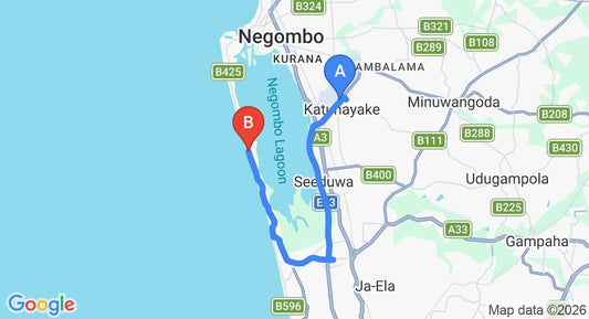 Driving route map: Colombo Airport (CMB) to Sanmali Beach, Negombo (23 km, approx 34 min private transfer)