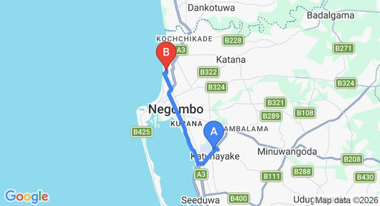 Driving route map: Colombo Airport (CMB) to Daffodils Beach Negombo, Negombo (13 km, approx 32 min private transfer)